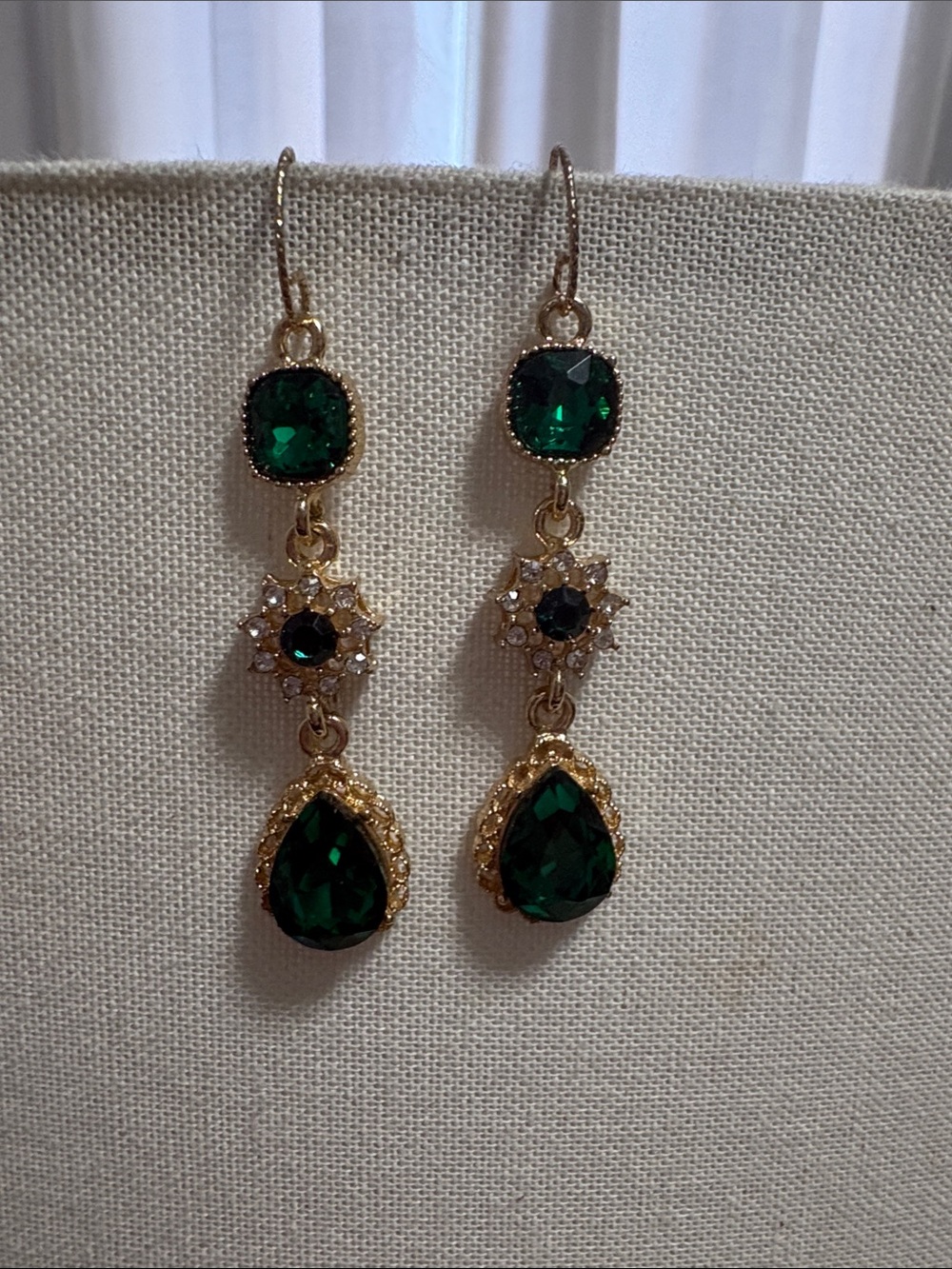 Gold-Tone Emerald Dangle Earrings - Green Crystal Drop